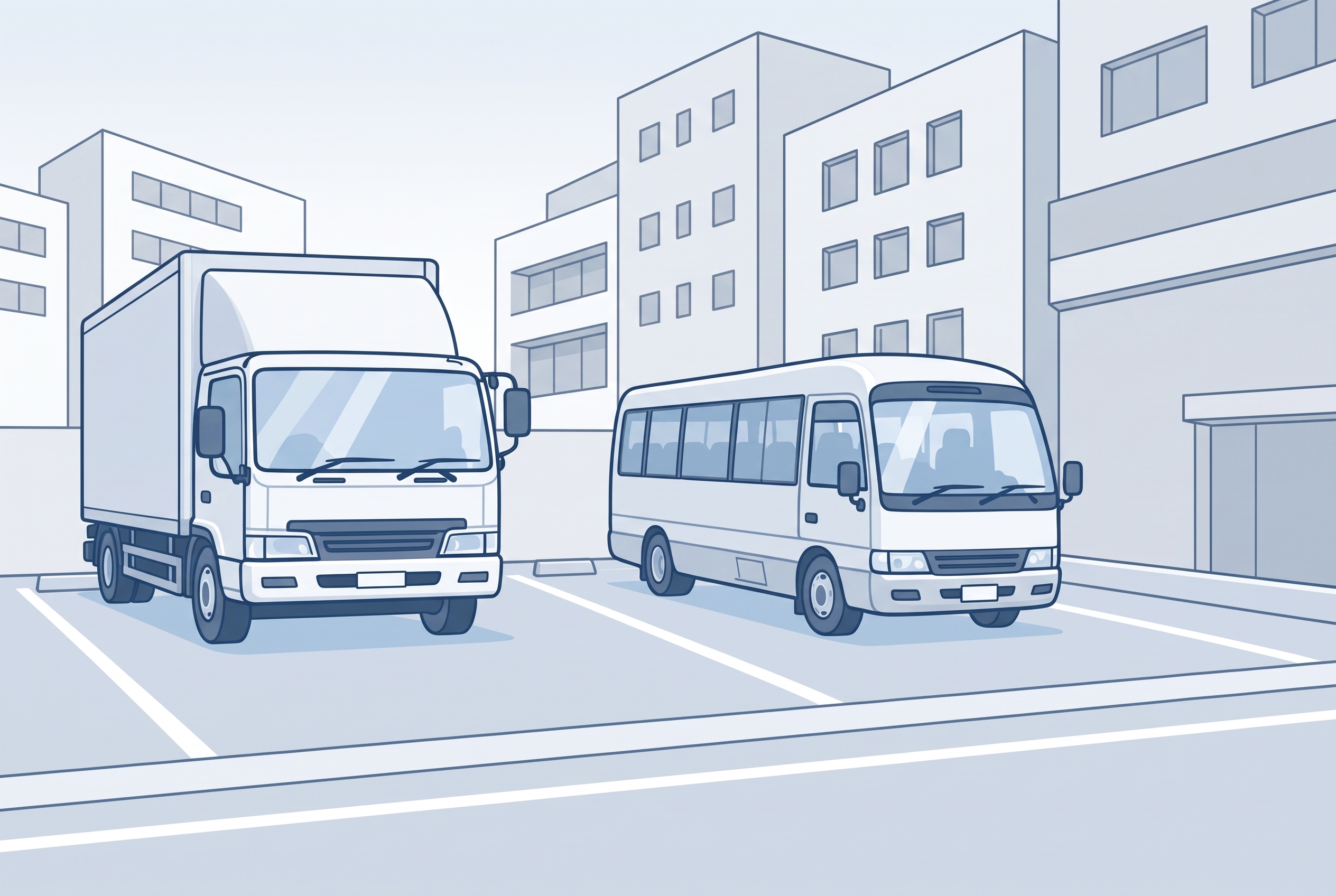 平面駐車場に並ぶ箱型トラックとマイクロバス